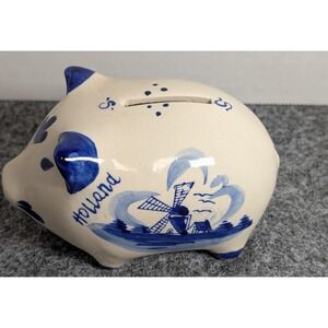 Delft Blue Holland Windmill Floral With Stopper Hand Painted Piggy / Coin Bank
